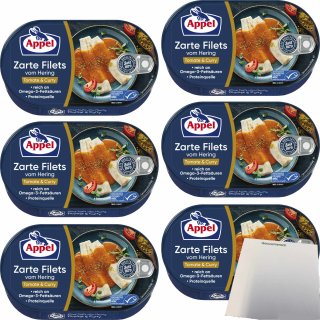 Appel Zarte Filets vom Hering Tomate & Curry 6er Pack (6x200g Dose) + usy Block