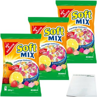 Gut&Günstig Softmix fruchtige Kaubonbons in 5 leckeren Sorten 3er Pack (3x500g Packung) + usy Block