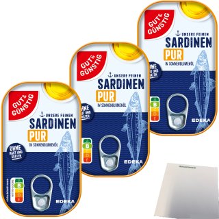 Gut&Günstig Sardinenfilets in Sonnenblumenöl ohne Haut und ohne Gräten 3er Pack (3x125g Packung) + usy Block