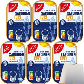 Gut&Günstig Sardinenfilets in Sonnenblumenöl ohne Haut und ohne Gräten 6er Pack (6x125g Packung) + usy Block