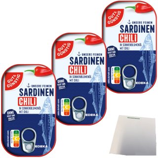 Gut&Günstig Sardinenfilets in Sonnenblumenöl mit Chili 3er Pack (3x125g Packung) + usy Block