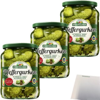 Spreewaldhof Pfeffergurken mit frischem Dill Zwiebeln und schwarzem Pfeffer 3er Pack (3x670g Glas) + usy Block