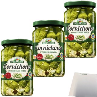 Spreewaldhof Cornichons mit frischem Dill und Zwiebeln 3er Pack (3x330g Glas) + usy Block