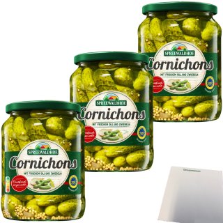 Spreewaldhof Cornichons mit frischem Dill und Zwiebeln 3er Pack (3x670g Glas) + usy Block