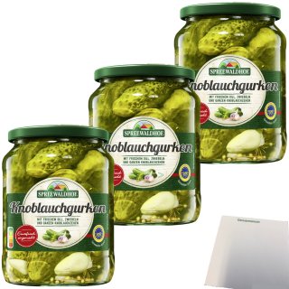 Spreewaldhof Knoblauchgurken mit frischem Dill Zwiebeln und ganzen Knoblauchzehen 3er Pack (3x720g Glas) + usy Block