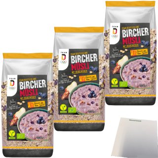 Team D Bio Bircher Müsli Heidelbeere 3er Pack (3x500g Beutel) + usy Block