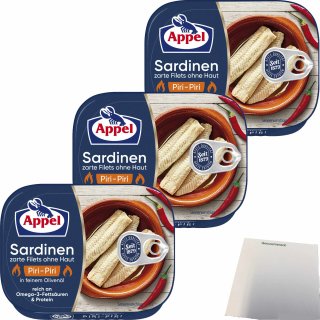 Appel Sardinen zarte Filets ohne Haut Piri-Piri in feinem Olivenöl 3er Pack (3x105g Dose) + usy Block