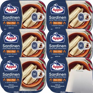 Appel Sardinen zarte Filets ohne Haut Piri-Piri in feinem Olivenöl 6er Pack (6x105g Dose) + usy Block