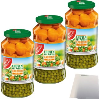 Gut&Günstig Erbsen mit Pariser Karotten sehr fein sortiert 3er Pack (3x660g Glas) + usy Block