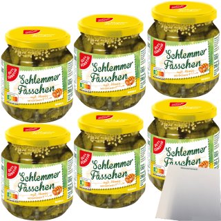 Gut&Günstig Schlemmerfässchen feine Gurkensortierung mit Honig verfeinert 6er Pack (6x290g Glas ATG) + usy Block
