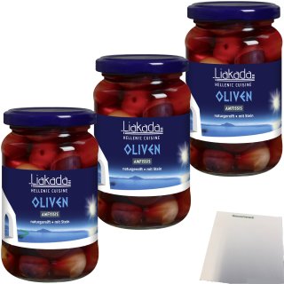 Liakada Schwarze Oliven Amfissis Extra groß mit Stein 3er Pack (3x200g Glas) + usy Block