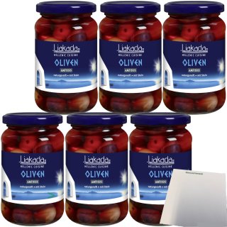 Liakada Schwarze Oliven Amfissis Extra groß mit Stein 6er Pack (6x200g Glas) + usy Block