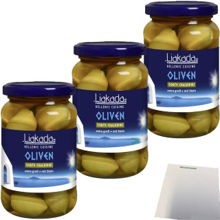Liakada Grüne Oliven Sorte Chalkidiki Extra Groß Mit Stein 3er Pack (3x200g Glas) + usy Block