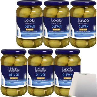 Liakada Grüne Oliven Mit Mandeln Sorte Chalkidiki Handgesteckt 6er Pack (6x200g Glas) + usy Block