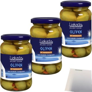 Liakada Grüne Oliven Mit Paprikapaste Sorte Chalkidiki Handgesteckt 3er Pack (3x200g Glas) + usy Block