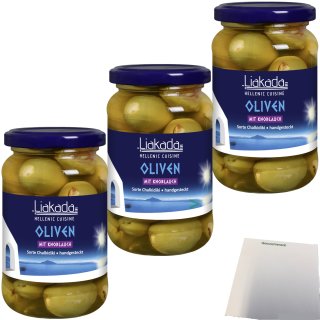 Liakada Grüne Oliven Mit Knoblauch Sorte Chalkidiki Handgesteckt 3er Pack (3x200g Glas) + usy Block