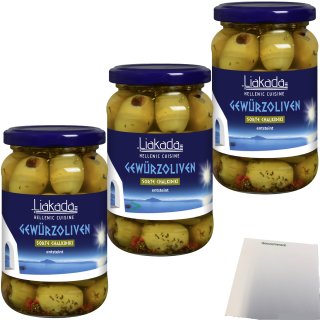 Liakada Grüne Gewürzoliven Sorte Chalkidiki Ensteint 3er Pack (3x170g Glas) + usy Block