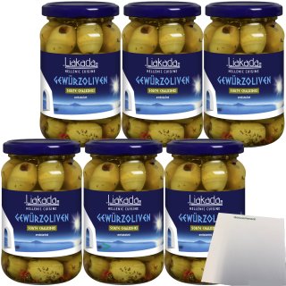 Liakada Grüne Gewürzoliven Sorte Chalkidiki Ensteint 6er Pack (6x170g Glas) + usy Block