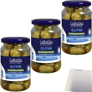 Liakada Grüne Oliven mit Kräutern & Gewürzen Trocken eingelegt Sorte Chalkidiki entsteint 3er Pack (3x190g Glas) + usy Block