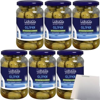 Liakada Grüne Oliven mit Kräutern & Gewürzen Trocken eingelegt Sorte Chalkidiki entsteint 6er Pack (6x190g Glas) + usy Block