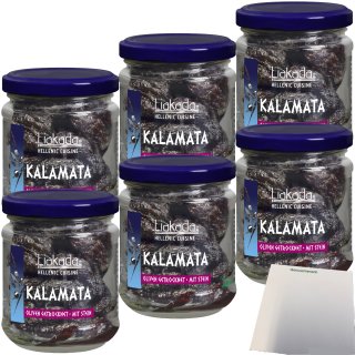 Liakada Kalamata Oliven Getrocknet mit Stein 6er Pack (6x110g Glas) + usy Block