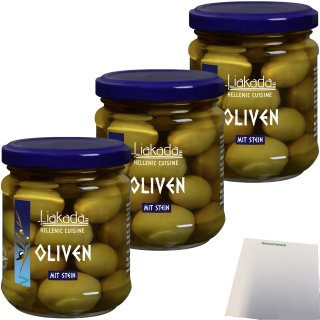Liakada Grüne Oliven Sorte Chalkidiki mit Stein 3er Pack (3x110g Glas) + usy Block