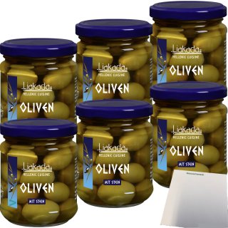 Liakada Grüne Oliven Sorte Chalkidiki mit Stein 6er Pack (6x110g Glas) + usy Block