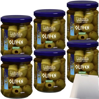 Liakada Grüne Oliven Sorte Chalkidiki entsteint 6er Pack (6x90g Glas) + usy Block