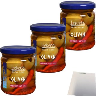 Liakada Oliven mit Chili entsteint 3er Pack (3x90g Glas) + usy Block
