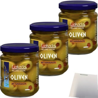 Liakada Grüne Oliven mit Paprikapaste Sorte Chalkidiki 3er Pack (3x100g Glas) + usy Block