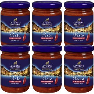 Leverno Pesto Al Peperoncino scharfes Pesto 6er Pack (6x130g Glas) + usy Block