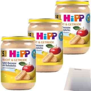 Hipp Apfel-Banane mit Babykeks 3er Pack (3x190g Glas) + usy Block