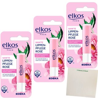 Elkos Lippenpflege Rosé mit Wildrosenöl 3er Pack (3x1 Stift) + usy Block
