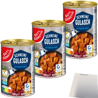 Gut&Günstig Schweine Gulasch in pikanter Sauce 3er Pack (3x400g Dose) + usy Block