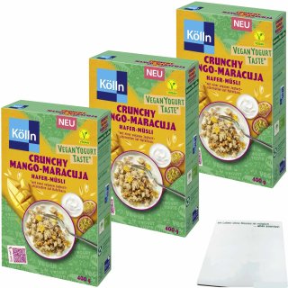 Kölln Müsli Crunchy Mango-Maracuja Hafer 3er Pack (3x400g Packung) + usy Block