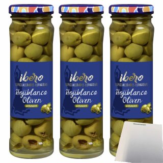 Ibero grüne Hojiblanca Oliven entsteint 3er Pack (3x150g Glas) + usy Block