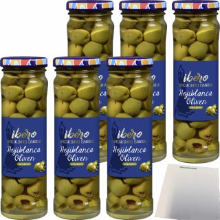 Ibero grüne Hojiblanca Oliven entsteint 6er Pack (6x150g Glas) + usy Block