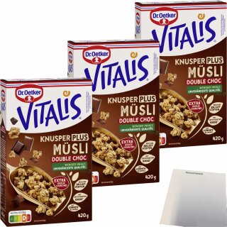 Dr.Oetker Vitalis Knusper Plus Müsli Double Choc 3er Pack (3x420g Packung) + usy Block