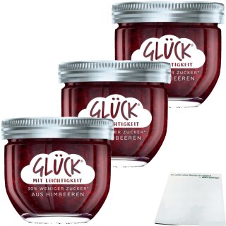 Glück Fruchtaufstrich 30% weniger Zucker Himbeere 3er Pack (3x230g Glas) + usy Block