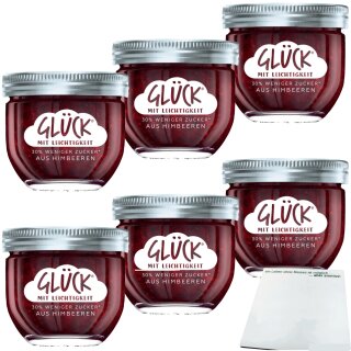 Glück Fruchtaufstrich 30% weniger Zucker Himbeere 6er Pack (6x230g Glas) + usy Block