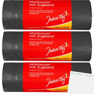 Jeden Tag Zugbandsäcke 120l Blauer Engel 3er Pack (3x15Stk) + usy Block