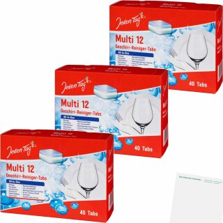 Jeden Tag Geschirr-Reiniger Tabs All in One Multi 12 3er Pack (3x40Tabs Packung) + usy Block