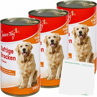 Jeden Tag Hund Saftige Brocken Geflügel,Reis 3er Pack (3x1240g Doose) + usy Block