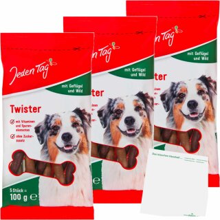 Jeden Tag Hund Twister Geflügel und Wild 3er Pack (3x100g Packung) + usy Block