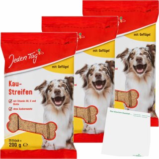 Jeden Tag Hundesnack 20 Kaustreifen Geflügel 3er Pack (3x200g Packung) + usy Block