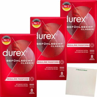 Durex Kondome Gefühlsecht Classic 3er Pack (3x8Stk Packung) + usy Block