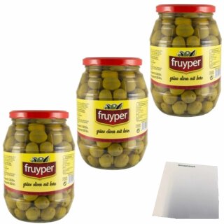 Fruyper grüne Oliven mit Stein nach Anschovis Aroma pasteurisiert 3er Pack (3x1025g Glas) + usy Block