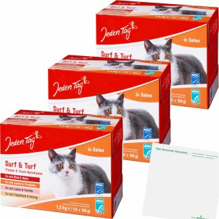 Jeden Tag Katze Multipack Surf & Turf (Fleisch und Fisch) 3er Pack (3x12x100g pouches) + usy Block
