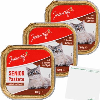 Jeden Tag Katze Senior 3 Sorten Geflügel 3er Pack (3x100g Schale) + usy Block