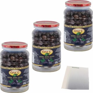 Öncü Schwarze Oliven Kaliber XL-L 3er Pack (3x500g PET-Dose) + usy Block